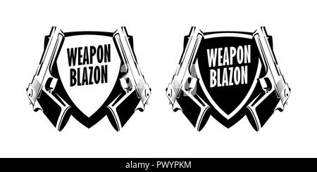 Pistola arma etichetta logo emblema. Vector blasone badge con pistola illustrazione su sfondo bianco. Illustrazione Vettoriale