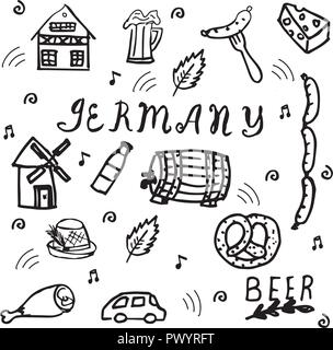 Disegnato a mano stile doodle set di elementi in Germania. Illustrazione Vettoriale