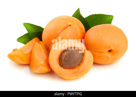 Albicocca frutti con foglie isolati su sfondo bianco macro. Foto Stock