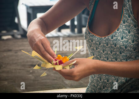 Le donne di Bali, Indonesia preparare le offerte giornaliere con cibo e fiori Foto Stock