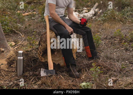 Lumberjack rilassante sul ceppo di albero Foto Stock