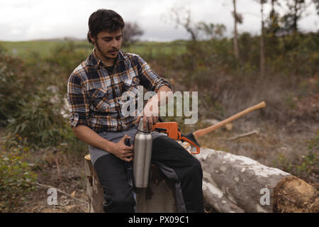 Lumberjack rilassante sul ceppo di albero Foto Stock