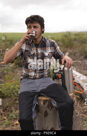 Lumberjack avente un acqua mentre vi rilassate sul ceppo di albero Foto Stock