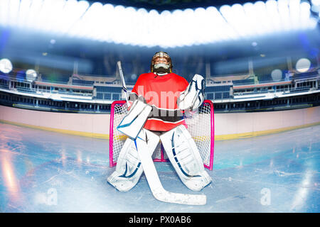 Ritratto di giovane goaltender in piedi accanto alla rete sotto le luci di ice hockey stadium Foto Stock