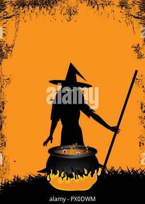 Halloween Witch verde con il male gli occhi sulla parte anteriore del Calderone giallo su sfondo Grunge Illustrazione Vettoriale