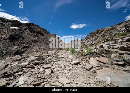 Molto sentiero roccioso del ghiaione ed astragalo rocce lungo i 20 Laghi Bacino loop trail in California Eastern Sierra Nevada le montagne vicino al Tioga Pass Foto Stock