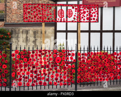 Lavorato a maglia e ad uncinetto display di papavero per commemorare i 100 anni della fine della Prima Guerra Mondiale lo Yorkshire Ripon Inghilterra Foto Stock