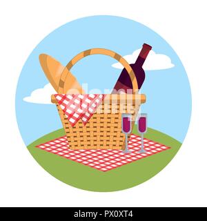 Baskte con il vino e il pane nella decorazione tovaglia Illustrazione Vettoriale