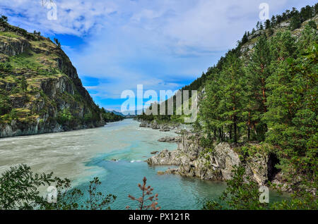 Bella e soleggiata paesaggio estivo sul luogo dove Chemal fiume sfocia nel fiume di Katun - due montagne veloce fiumi con sponde rocciose la foresta di conifere cov Foto Stock