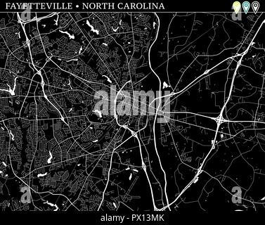 Mappa semplice di Fayetteville, North Carolina, Stati Uniti d'America. Versione in bianco e nero per gli sfondi. Questa mappa di Fayetteville contiene tre marcatori che sono grou Illustrazione Vettoriale