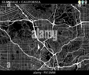 Mappa semplice di Glendale, California, Stati Uniti d'America. Versione in bianco e nero per gli sfondi. Questa mappa di Glendale contiene tre marcatori che vengono raggruppati e può Illustrazione Vettoriale