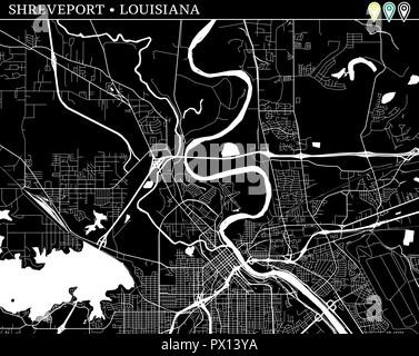 Mappa semplice di Shreveport, Louisiana, Stati Uniti d'America. Versione in bianco e nero per gli sfondi. Questa mappa di Shreveport contiene tre marcatori che vengono raggruppati e c Illustrazione Vettoriale
