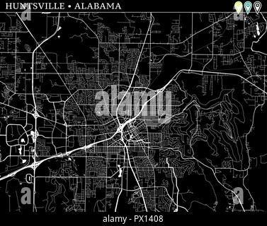 Mappa semplice di Huntsville, Alabama, Stati Uniti d'America. Versione in bianco e nero per gli sfondi. Questa mappa di Huntsville contiene tre marcatori che vengono raggruppati e può Illustrazione Vettoriale