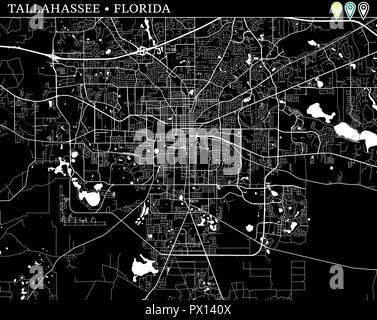 Mappa semplice di Tallahassee, Florida, Stati Uniti d'America. Versione in bianco e nero per gli sfondi. Questa mappa di Tallahassee contiene tre marcatori che vengono raggruppati e c Illustrazione Vettoriale