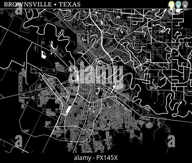 Mappa semplice di Brownsville, Texas, Stati Uniti d'America. Versione in bianco e nero per gli sfondi. Questa mappa di Brownsville contiene tre marcatori che vengono raggruppati e può Illustrazione Vettoriale