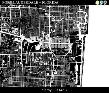 Mappa semplice di Fort Lauderdale, Florida, Stati Uniti d'America. Versione in bianco e nero per gli sfondi. Questa mappa di Fort Lauderdale contiene tre marcatori che sono di gruppo Illustrazione Vettoriale