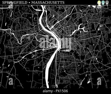 Mappa semplice di Springfield, Massachusetts, STATI UNITI D'AMERICA. Versione in bianco e nero per gli sfondi. Questa mappa di Springfield contiene tre marcatori che vengono raggruppati Illustrazione Vettoriale