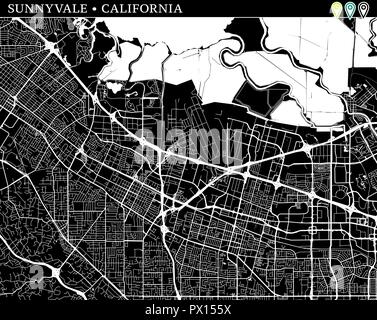 Mappa semplice di Sunnyvale, California, USA. Versione in bianco e nero per gli sfondi. Questa mappa di Sunnyvale contiene tre marcatori che vengono raggruppati e ca Illustrazione Vettoriale