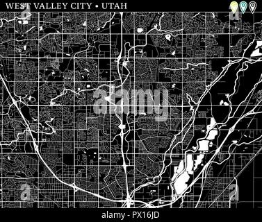 Mappa semplice della West Valley City, Utah, Stati Uniti d'America. Versione in bianco e nero per gli sfondi. Questa mappa di West Valley City contiene tre marcatori che sono groupe Illustrazione Vettoriale