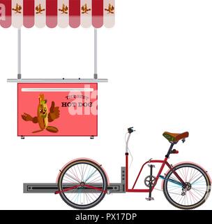 Hot Dog bike e street food vettore illustrazione piana. Hot Dog carrello per street vending con salsiccia di cartone animato che mostra il pollice verso l'alto. Illustrazione Vettoriale