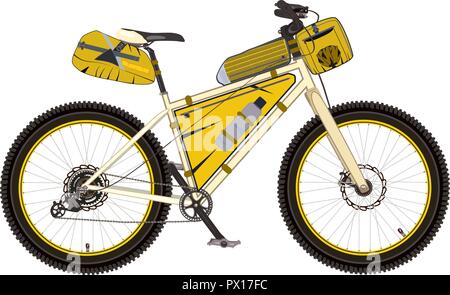 Illustrazione Vettoriale di bikepacking bicicletta con bisaccia, telaio e manubrio sacchetti. Mountain bike con ingranaggio bikepacking. Uno stile piatto elemento di design. Illustrazione Vettoriale