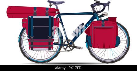 Illustrazione Vettoriale di touring bike con bikepacking borse e tenda in caso. Strada di ghiaia e di bicicletta bikepacking ingranaggio. Appartamento di design di stile. Illustrazione Vettoriale