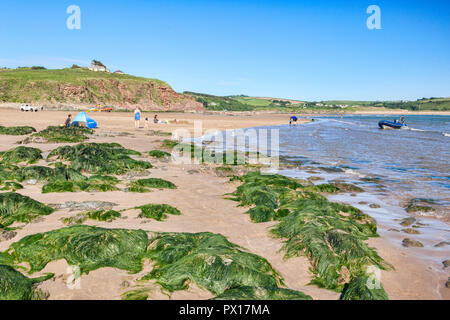 3 Giugno 2018: Bigbury sul mare, Devon UK - La spiaggia con la bassa marea in una giornata calda e soleggiata. Foto Stock