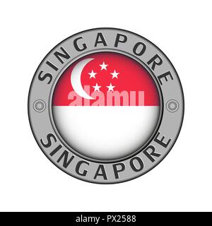 Rotondo di metallo medaglione con il nome del paese di Singapore e una bandiera rotonda nel centro Illustrazione Vettoriale