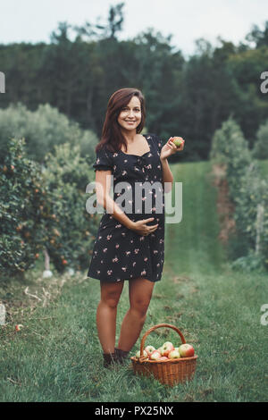 Felice gravidanza sana. Ritratto di gravidanza bruna giovane donna caucasica mangiare apple. Bella aspetta la mamma lady in agriturismo in campagna, rustico Foto Stock