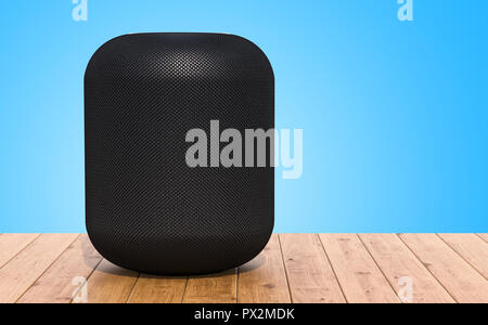 Smart speaker sul tavolo di legno, rendering 3D Foto Stock