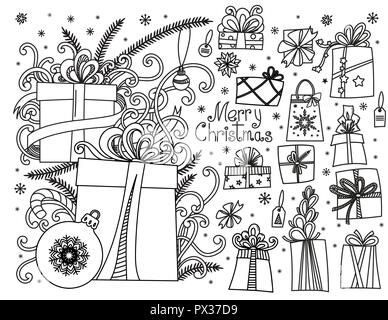 Doodle set di regali di Natale. Disegnata a mano cartoon confezioni regalo in varie forme e pila di vacanza presenta con nastri e bow . Illustrazione di vettore isolato su bianco. Gli elementi di design collection. Illustrazione Vettoriale