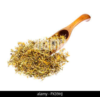 Essiccato Melilotus officinalis giallo Clower dolce sul cucchiaio di legno isolata. Foto Stock