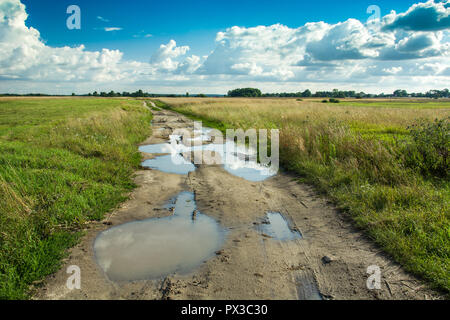 Pozze su una strada sterrata e nuvole nel cielo Foto Stock