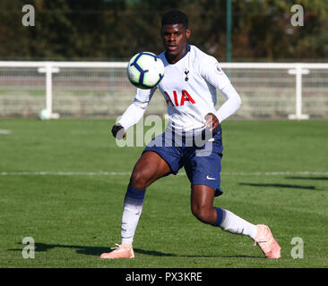Enfield, Regno Unito. Ottobre 19. 2018 Timothy Eyoma del Tottenham Hotspur sotto 23s durante la Premier League 2 match tra Tottenham Hotspur sotto 23s e Leicester City sotto 23s a Tottenham Hotspur Training Center, Enfield, Regno Unito. In Inghilterra il 19 Ott 2018. Azione di Credito Foto Sport FA Premier League e Football League immagini sono soggette a licenza DataCo. Solo uso editoriale. Nessuna stampa di vendite. Nessun uso personale di vendita. NO non corrisposto usare carte di credito: Azione Foto Sport/Alamy Live News Foto Stock