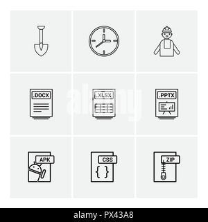 Capocorda , clock , ingegnere , pptx ,power point , zip , compressi , docx, xlsx , file excel , css , apk android ,icona, vettore, design, piatta, collectio Illustrazione Vettoriale