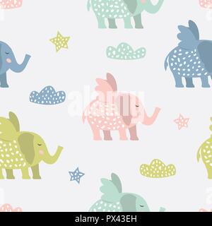 Infantile seamless pattern con simpatici elefanti. Texture creativo per tessuto Illustrazione Vettoriale