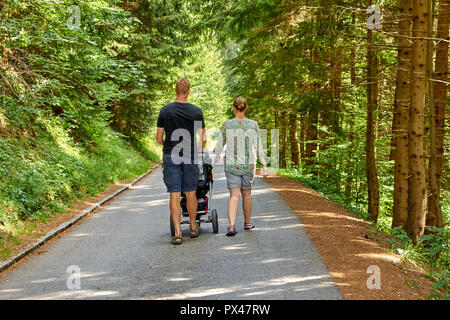 I genitori escursionismo con il bambino nel passeggino (Pfänder ,, Austria) Foto Stock