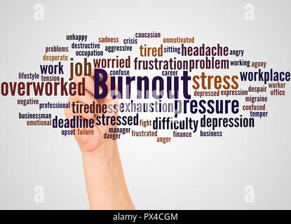 Burnout word cloud e la mano con il concetto di marcatore sul gradiente dello sfondo. Foto Stock