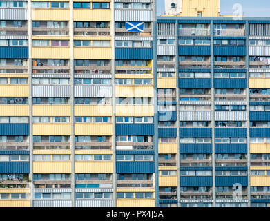 Consiglio di alloggi sociali a torre con si intraversa bandiera scozzese visualizzato sul balcone, Couper Street, Leith, Edimburgo, Scozia, Regno Unito Foto Stock