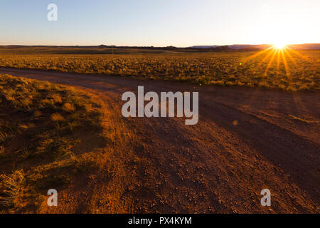 Shash Dine Navajo campeggio, AZ, Stati Uniti d'America. Il sole tramonta su una curva in una pista sterrata nel deserto. Foto Stock