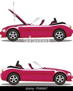 Set di vettore di rotture di rosa di lusso sport cabriolet cartoon auto con il cofano aperto coperta con il fumo. Car crash prima e dopo. Clip art illustrazione è Illustrazione Vettoriale