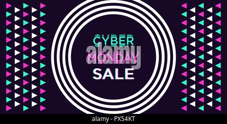 Cyber lunedì vendita, banner. Illustrazione Vettoriale di Cyber lunedì billboard con bordo di cerchi concentrici e triangoli, holiday poster. Backgro scuro Illustrazione Vettoriale