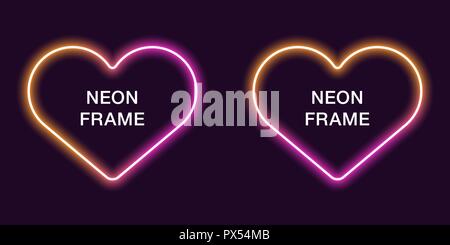 Telaio al neon a forma di cuore. Template vettoriale di confine al neon in arancione e colore rosa, creative incandescente cuore nel profilo. Background moderno per la progettazione di Illustrazione Vettoriale