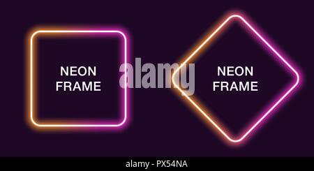 Telaio al neon in forma quadrata. Template vettoriale di confine al neon in arancione e colore rosa, creative incandescente piazza nel profilo. Background moderno per la progettazione Illustrazione Vettoriale
