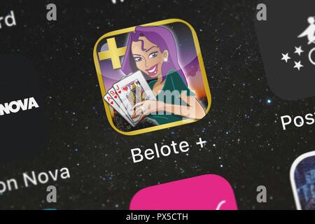 London, Regno Unito - 19 Ottobre 2018: screenshot di EUROCENTER's mobile app Belote +. Foto Stock