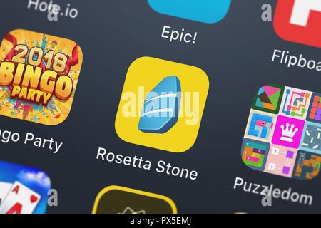 London, Regno Unito - 19 Ottobre 2018: Close-up shot di Rosetta Stone, Ltd. popolare app Rosetta Stone: imparare le lingue. Foto Stock