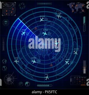 Luminose radar militari con display con piani di tracce e segni di destinazione su blu Illustrazione Vettoriale
