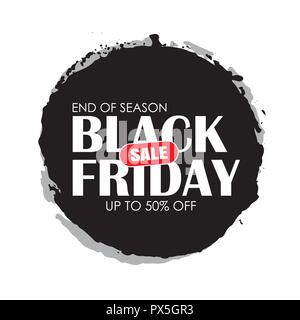 Venerdì nero cerchio vendita banner con testo bianco su nero grunge tratto di pennello. Utilizzare per lo sconto, shopping, promozione, pubblicità. Illustrazione Vettoriale