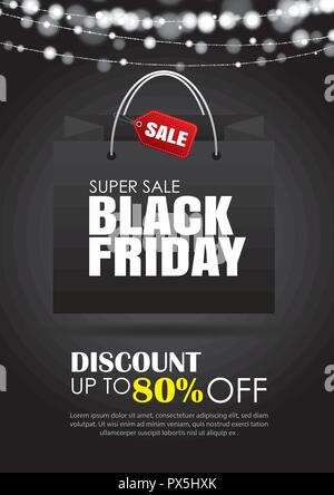 Venerdì nero vendita flyer modello. Sfondo scuro con shopping bag. Utilizzare per creare poster, newsletter, shopping, promozione, pubblicità. Illustrazione Vettoriale
