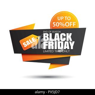 Venerdì nero vendita nero e giallo modello di pagina di intestazione isolati su sfondo bianco. Utilizzare per creare poster, shopping, promozione, pubblicità. Illustrazione Vettoriale